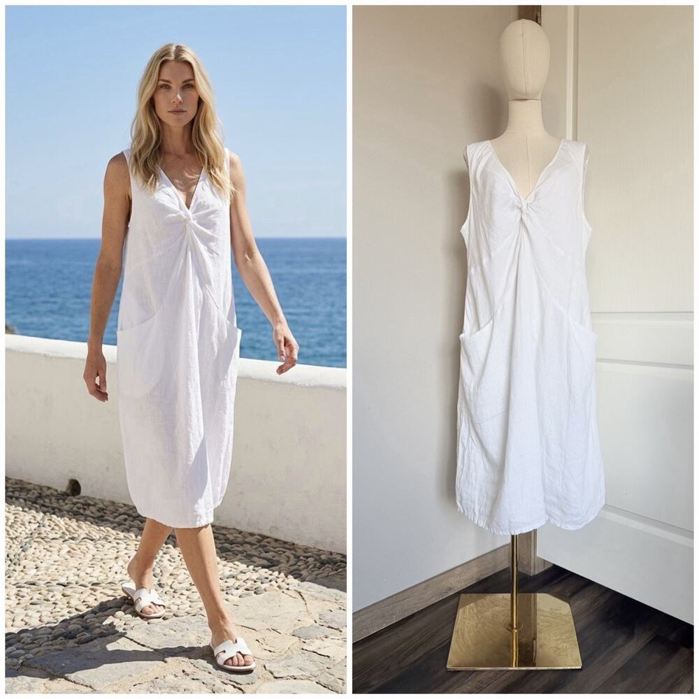 J Jill White V-Neck Sleeveless Linen Dress Sz 18 Resort Beach Cruise Pockets